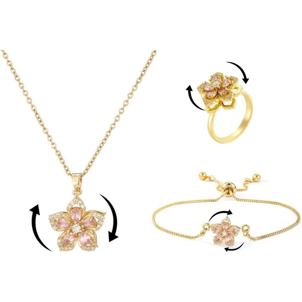 Women's Gold Pink Flower Three Piece Set Adjustable Crystal Pendant Necklaces